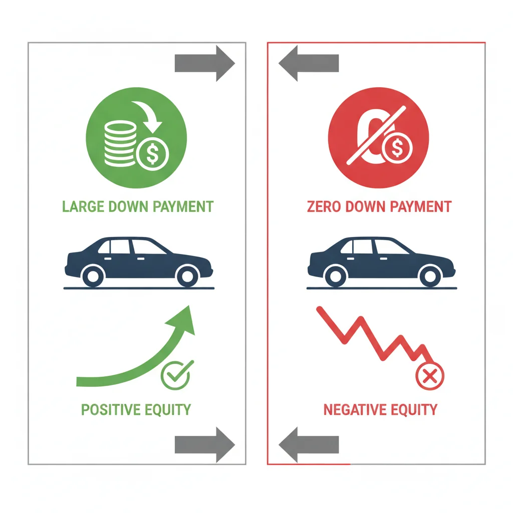 Side-by-side comparison of positive equity with down payment versus negative equity with zero down payment