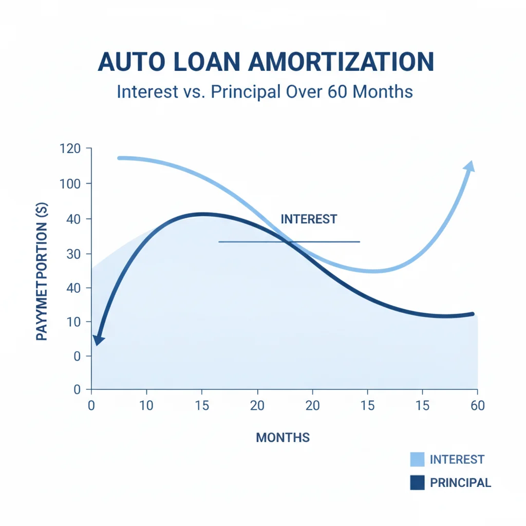 Amortization curve chart showing interest and principal portions of auto loan payments over 60 months