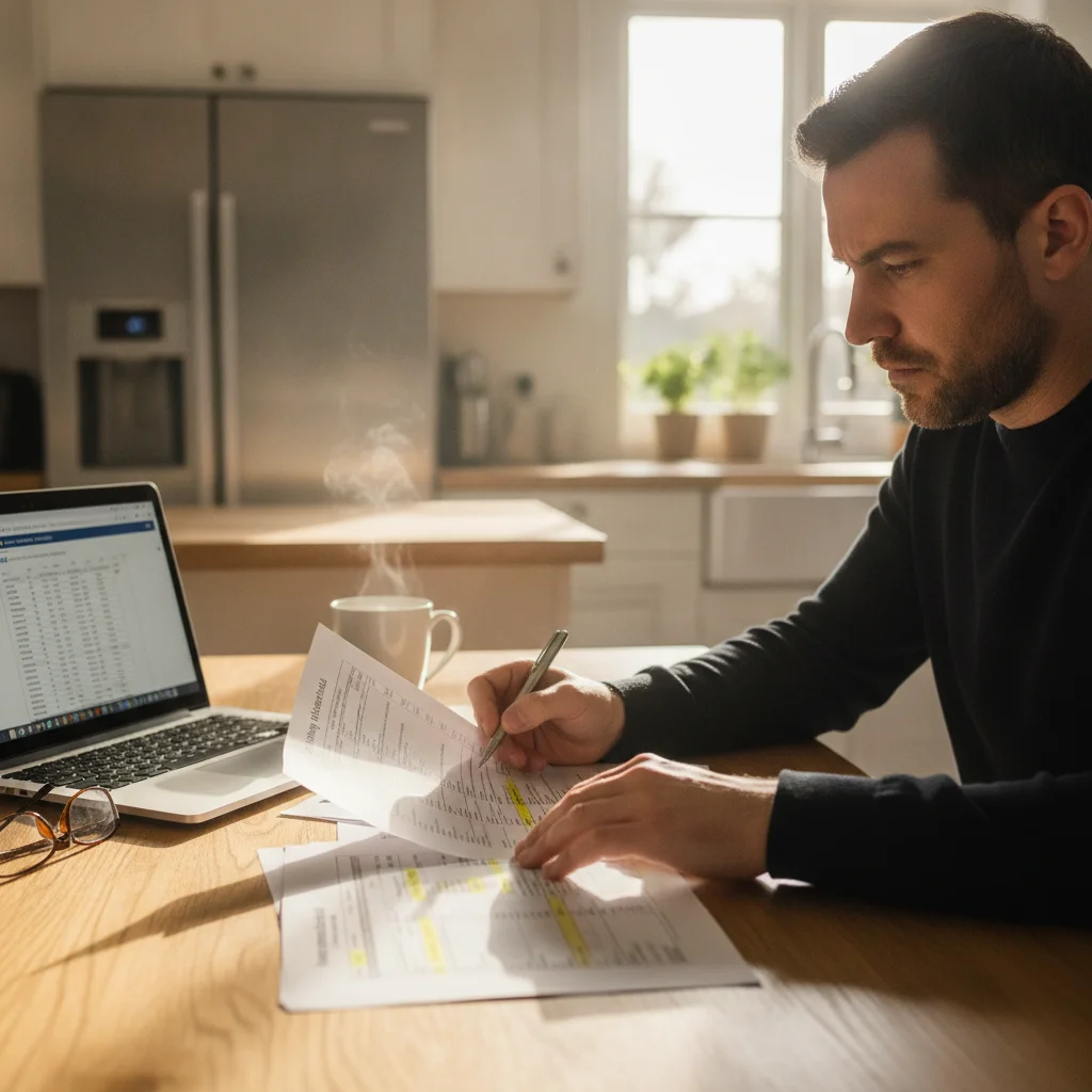 Person reviewing an auto loan payoff letter at a kitchen table with a laptop nearby
