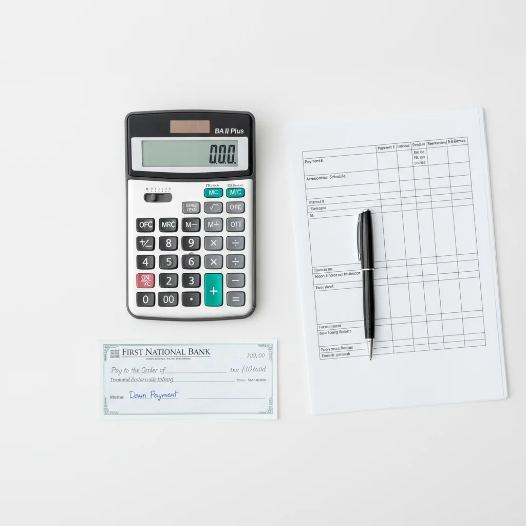 Amortization schedule document with a financial calculator and pen on a white desk