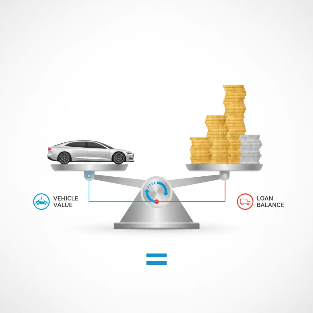 A car balanced on a scale against stacks of coins illustrating loan-to-value ratio concept