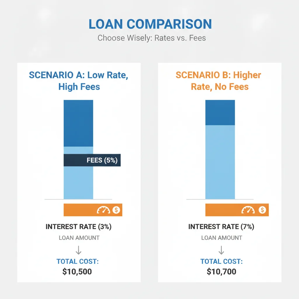 Side-by-side comparison infographic showing how a lower rate with fees can cost more than a higher rate without fees