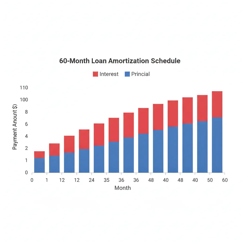 Amortization chart illustrating how interest decreases and principal increases over 60 loan payments