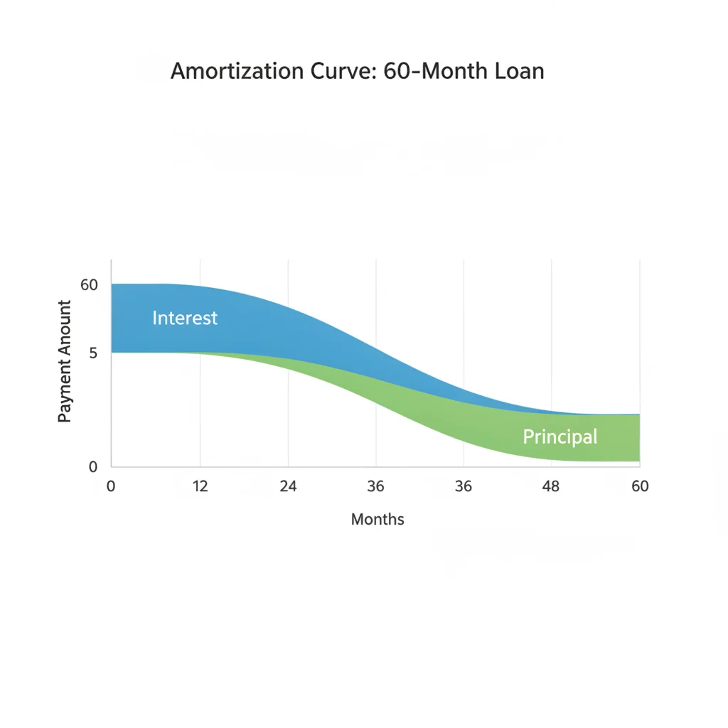 Amortization chart showing how interest and principal portions of a car loan payment shift over 60 months