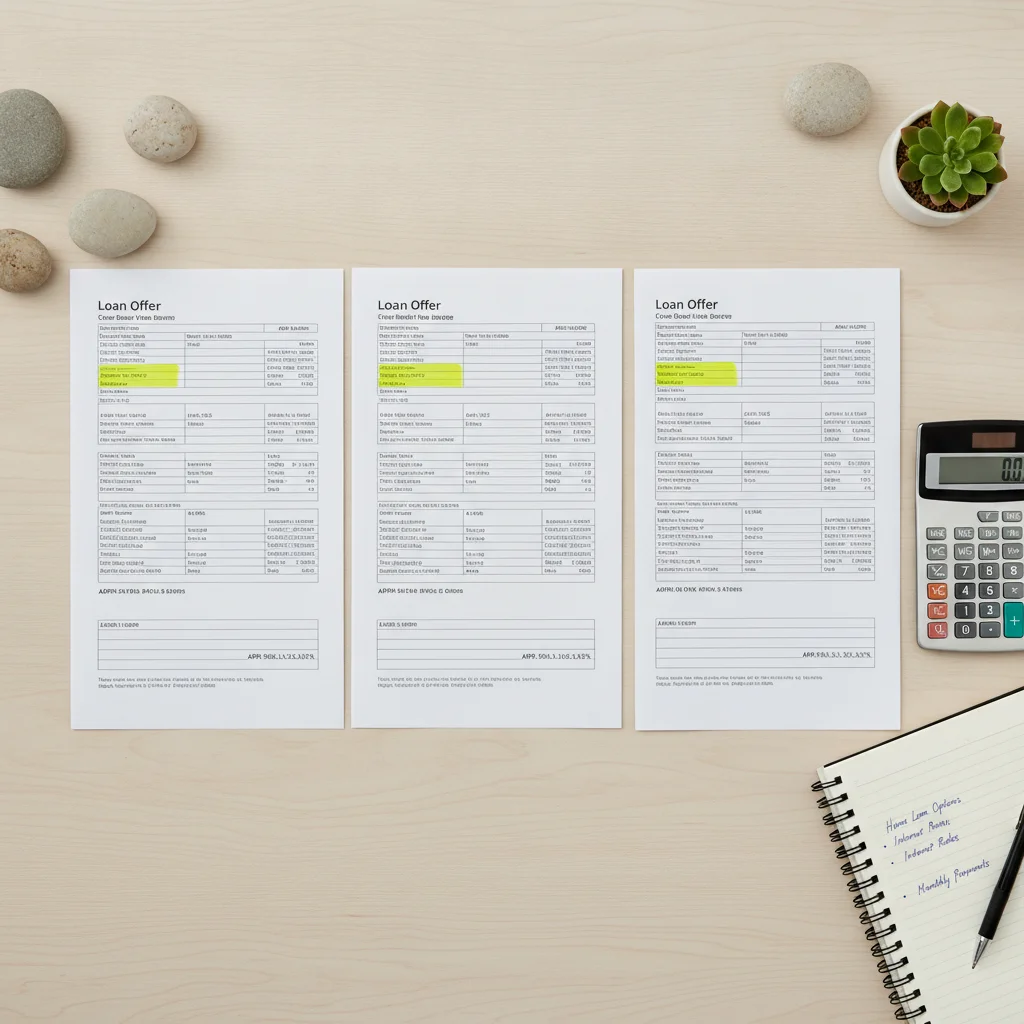 Three auto loan offer documents laid side by side with APR lines highlighted for easy comparison