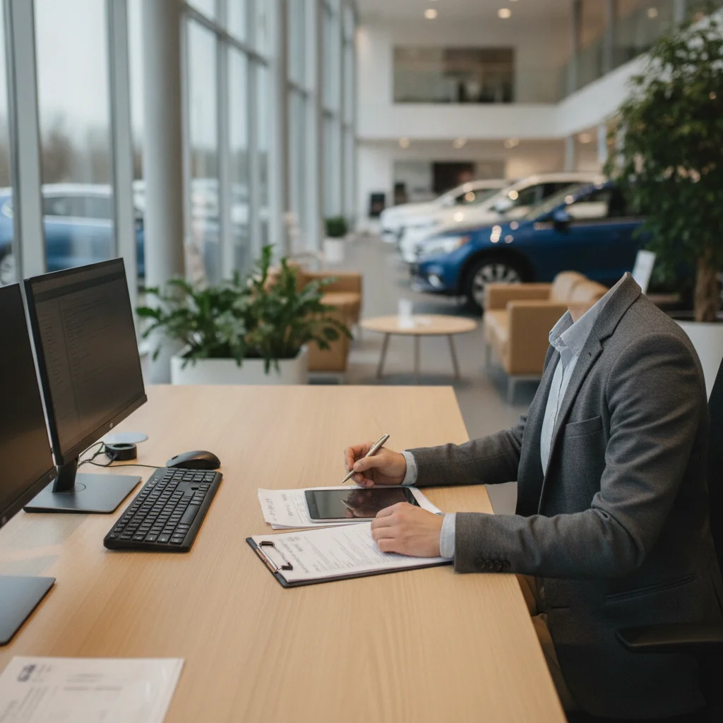 Car buyer reviewing auto loan documents at a dealership finance desk with confidence and a pen ready