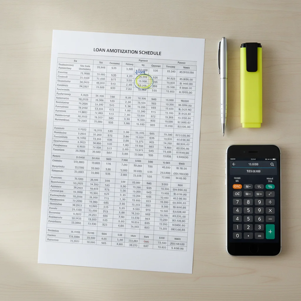 Amortization schedule printout on a desk next to a calculator and pen