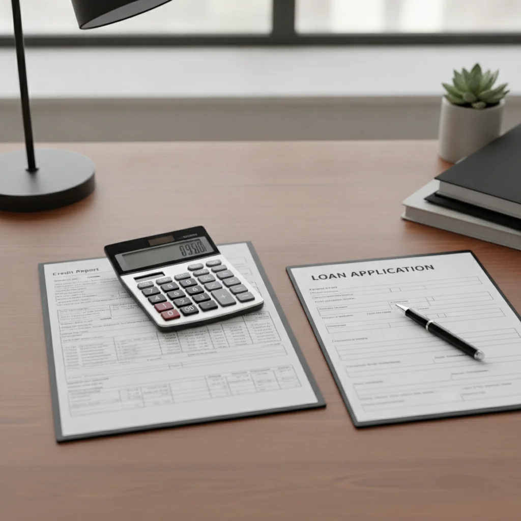 Lender's desk showing a credit report, loan application, and calculator used for preapproval evaluation