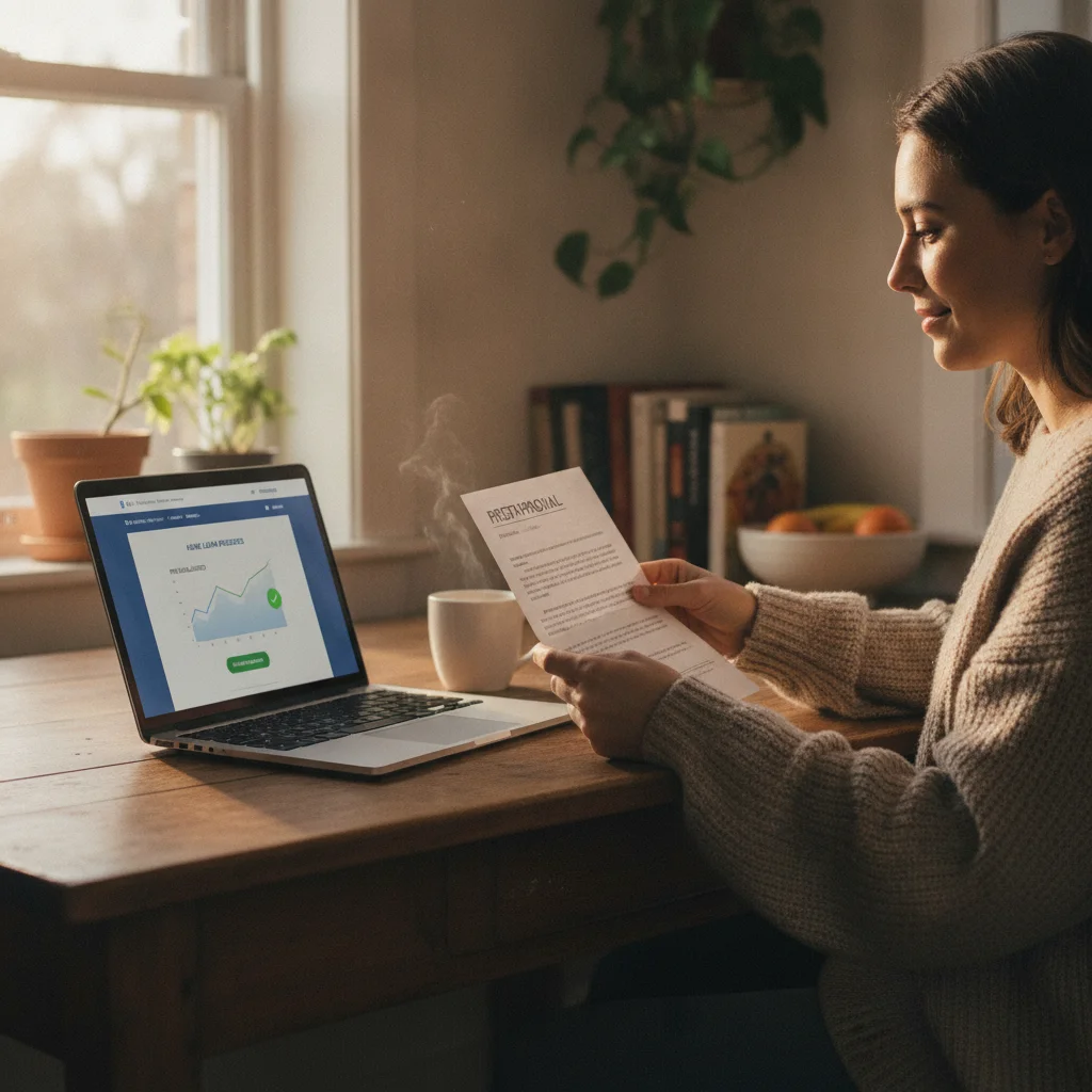 Person reviewing a preapproval letter at home with a laptop showing a bank loan portal