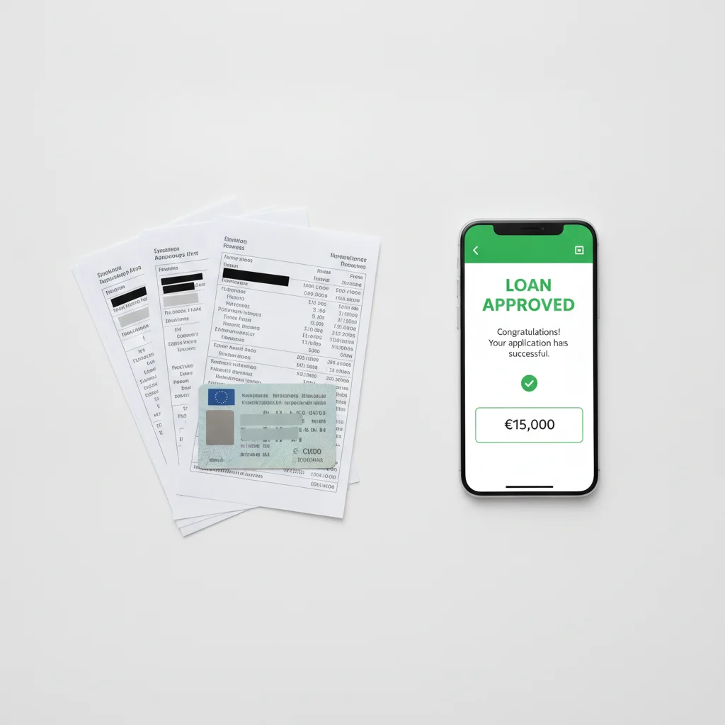 Documents needed for auto loan preapproval alongside a loan approval notification on a smartphone