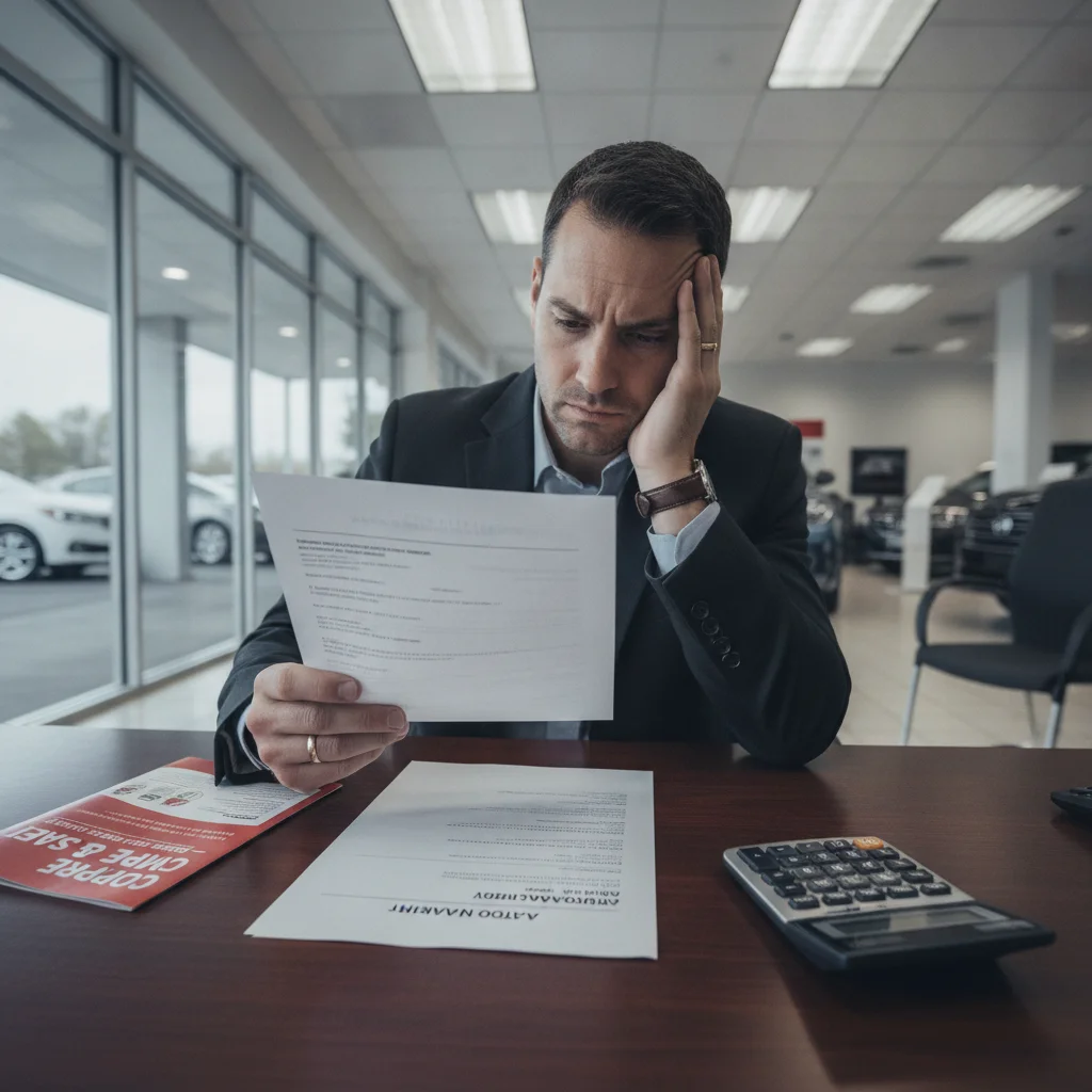 Car buyer reviewing a single loan offer at a dealership, missing out on comparison shopping