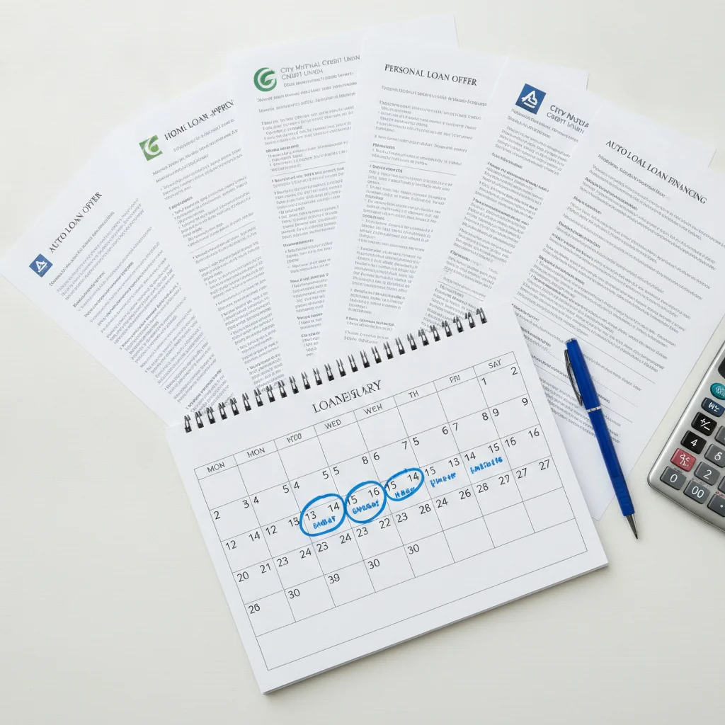 Calendar with two-week rate shopping window circled alongside multiple lender documents