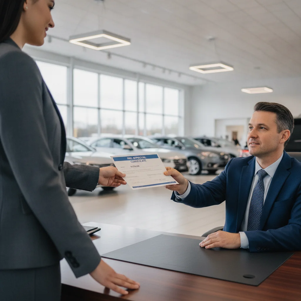 Car buyer presenting a preapproval letter to a dealership finance manager during loan negotiation