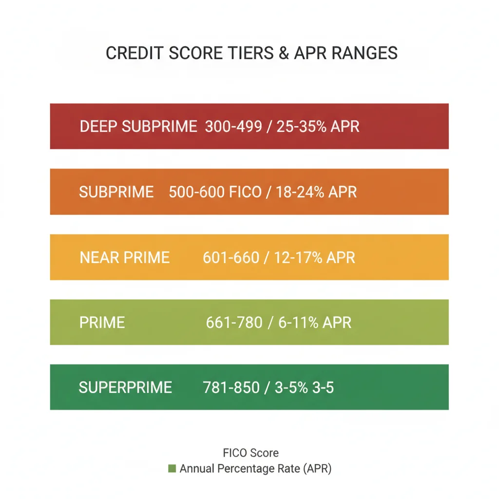 Color-coded horizontal bar chart showing five credit score tiers with corresponding auto loan APR ranges from deep subprime to superprime