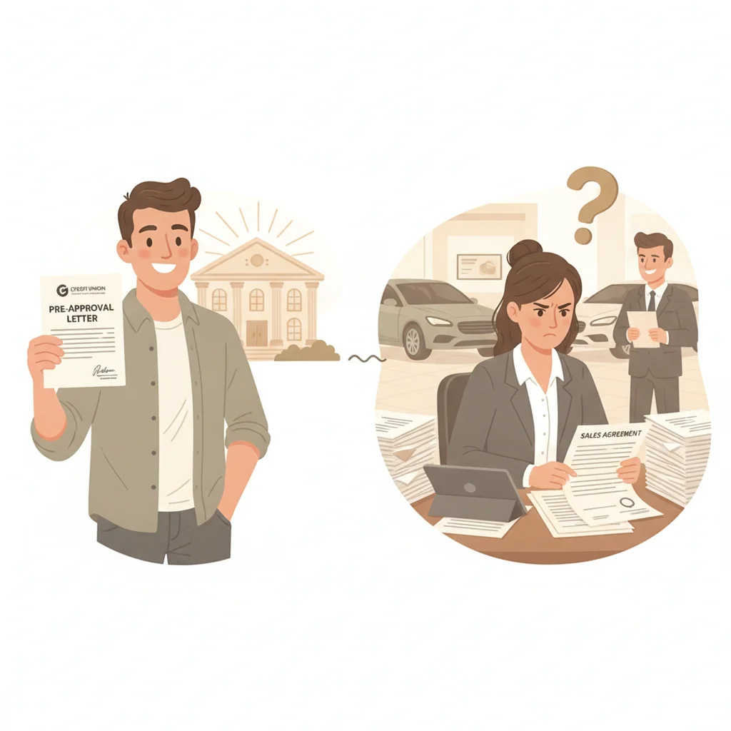 Two car buyers comparing auto loan options — one with a credit union preapproval and one negotiating at a dealership