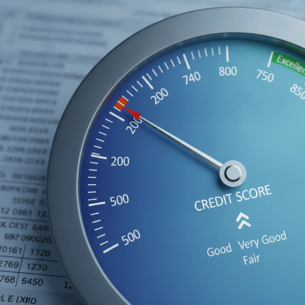 Credit score gauge showing improvement from a lower score to a higher score, representing refinancing eligibility