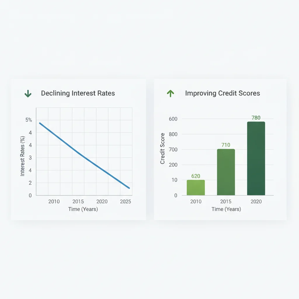 Graph showing declining interest rates and rising credit score as refinancing opportunity indicators