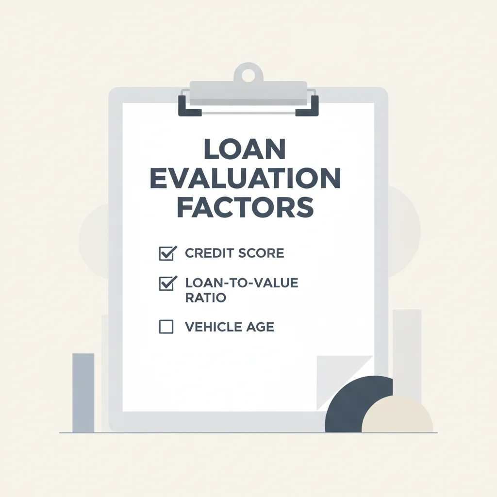 Checklist illustration of lender evaluation factors for auto loan refinancing including credit score and LTV