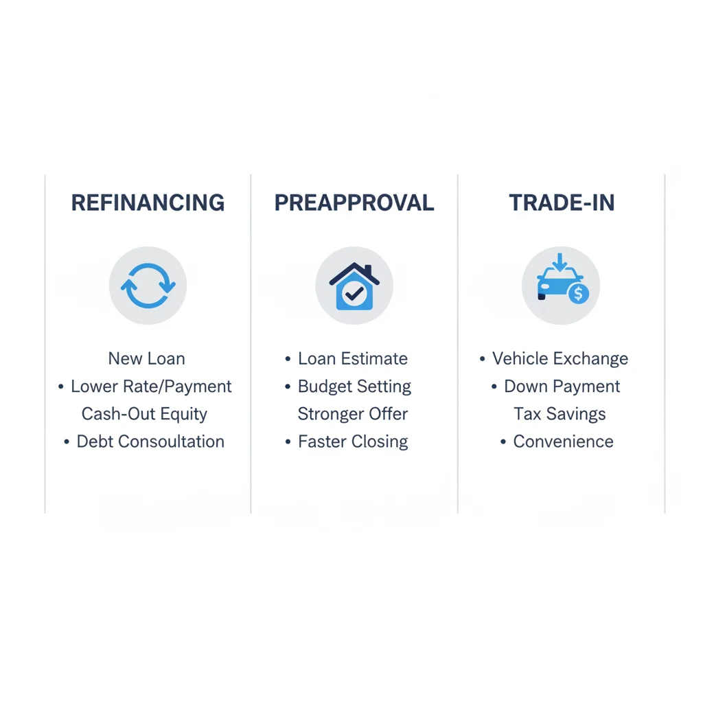 Comparison chart showing differences between auto loan refinancing, preapproval, and vehicle trade-in