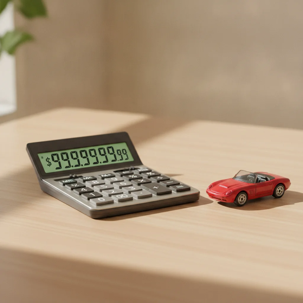 Calculator showing total loan cost next to a small toy car representing auto financing decisions