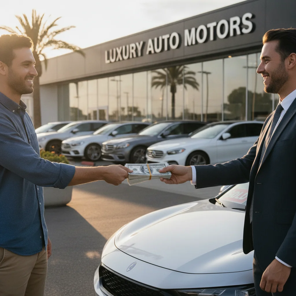 Person making a down payment at a car dealership in a sunny parking lot