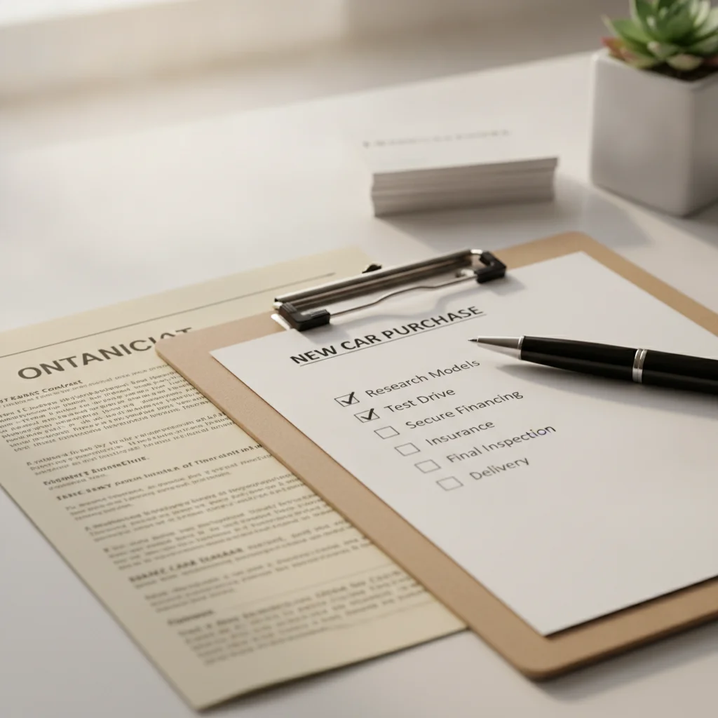 Checklist resting on auto loan contract documents with items checked off