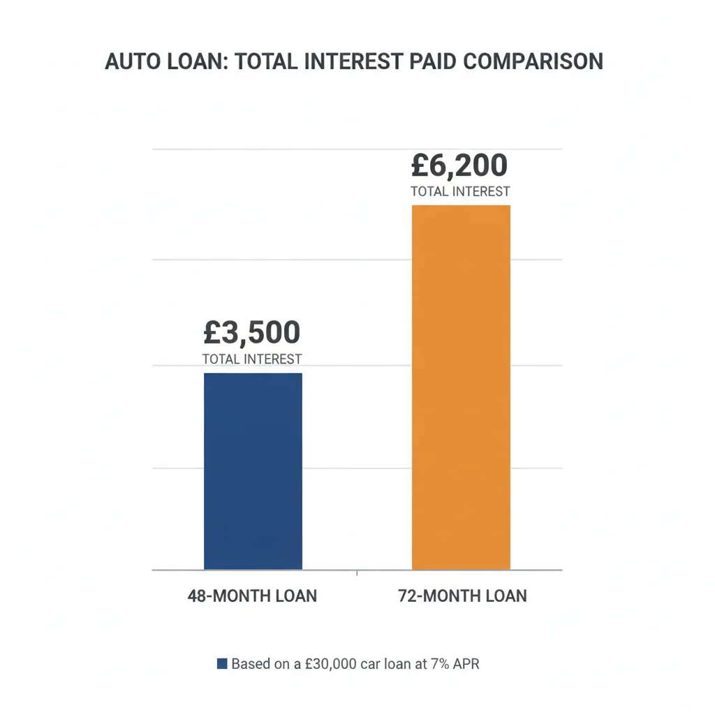 Bar chart comparing total interest paid on 48-month versus 72-month auto loans
