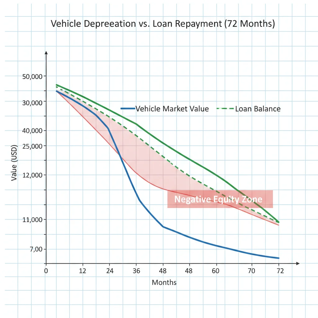 Line graph showing vehicle depreciation curve versus loan balance over 72 months with negative equity zone highlighted