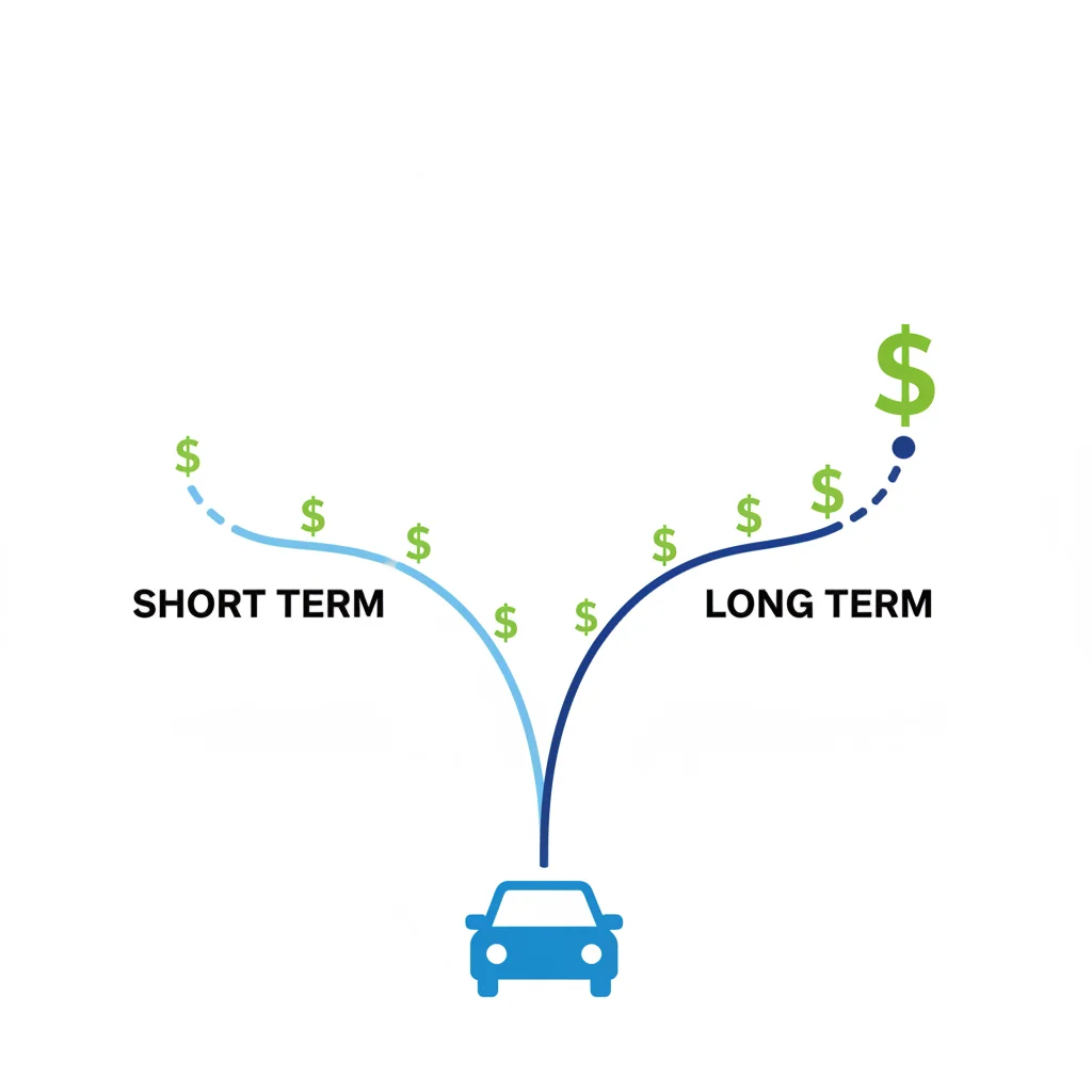 Infographic showing two paths diverging from a car icon representing short-term and long-term loan choices