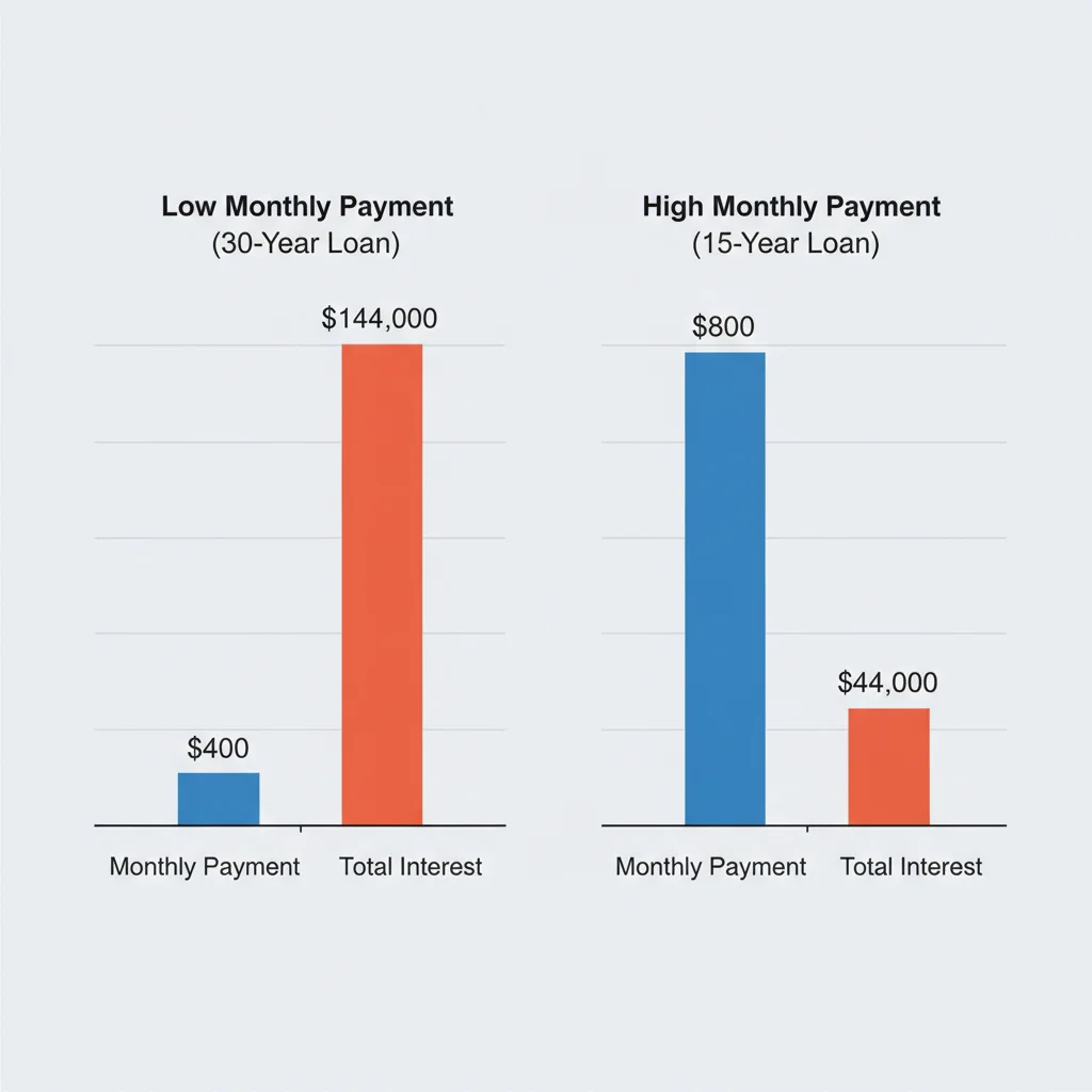 Bar charts comparing monthly payment versus total interest paid for short-term and long-term auto loans