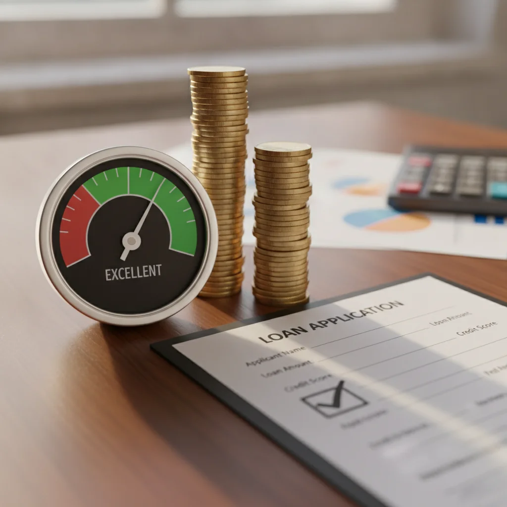 Credit score gauge and stack of coins beside an auto loan application form on a desk