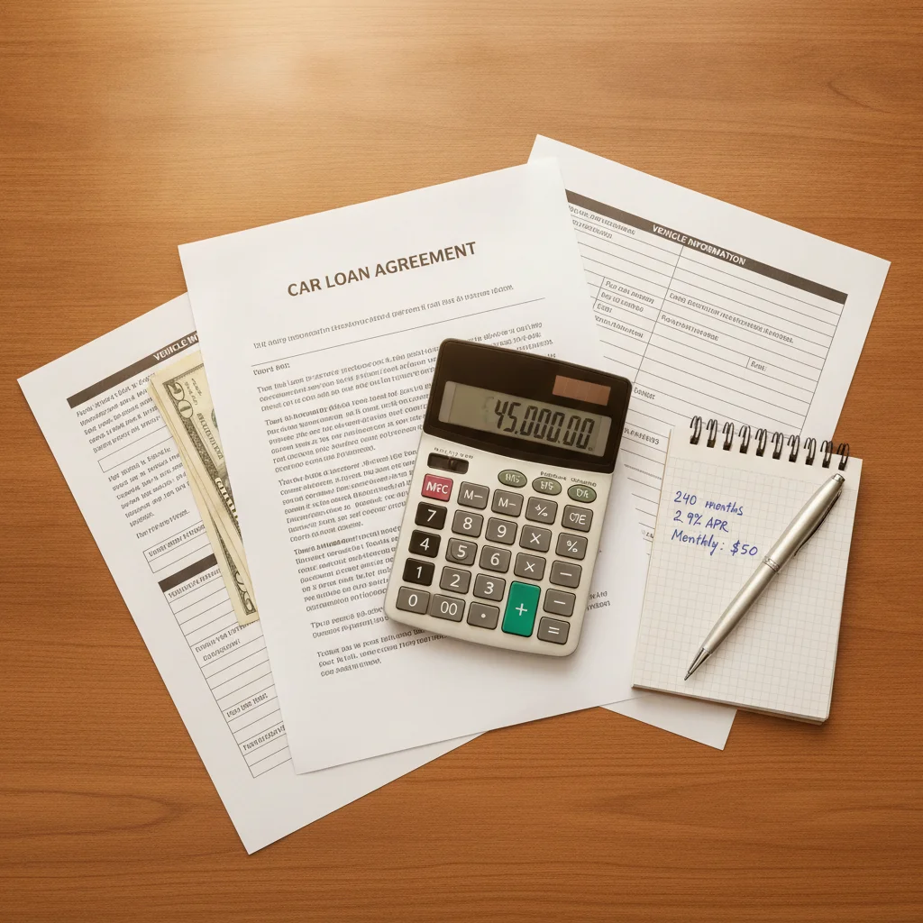 Car loan paperwork, calculator, and notepad with numbers arranged on a wooden desk