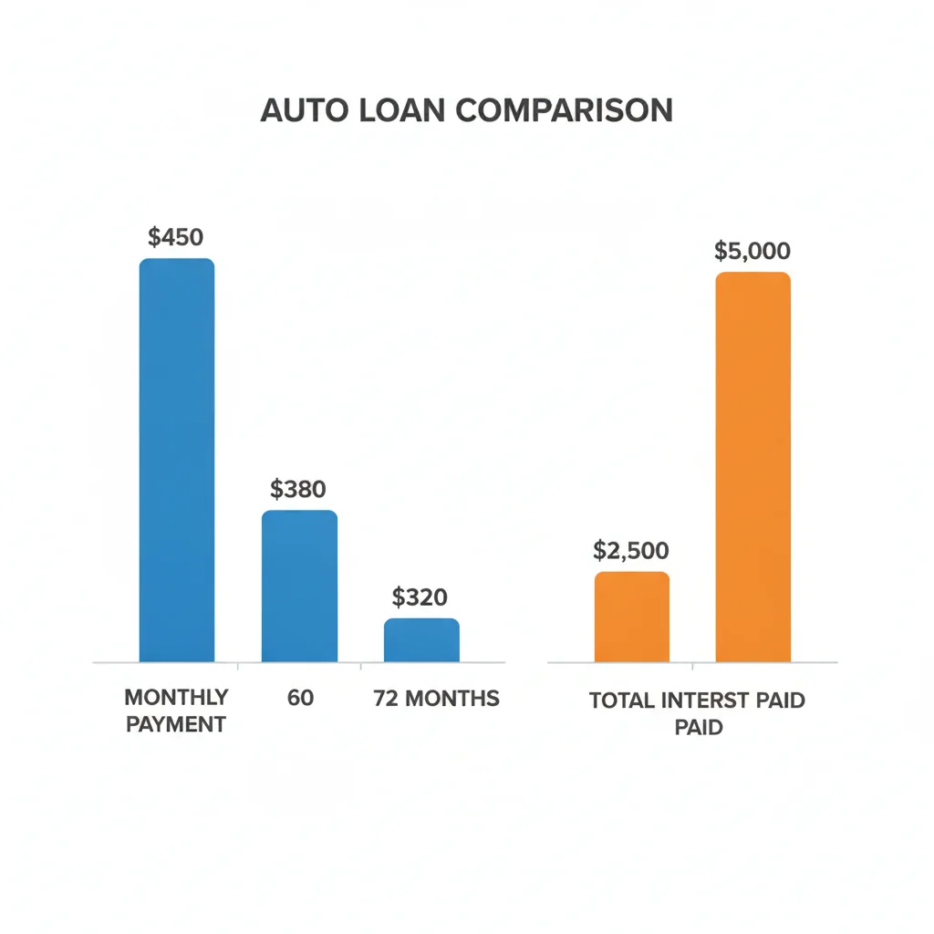 Bar chart comparing monthly payments and total interest paid for 48, 60, and 72 month auto loan terms