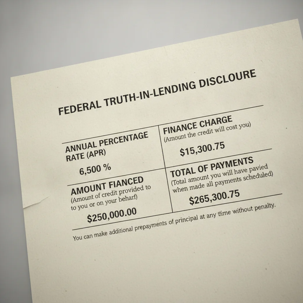 Close-up of a Truth in Lending Act disclosure box on an auto loan document showing key cost fields