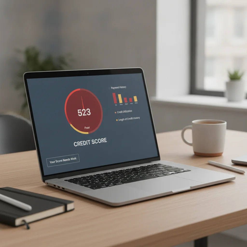 Laptop screen displaying a credit score dashboard with a gauge showing a subprime score