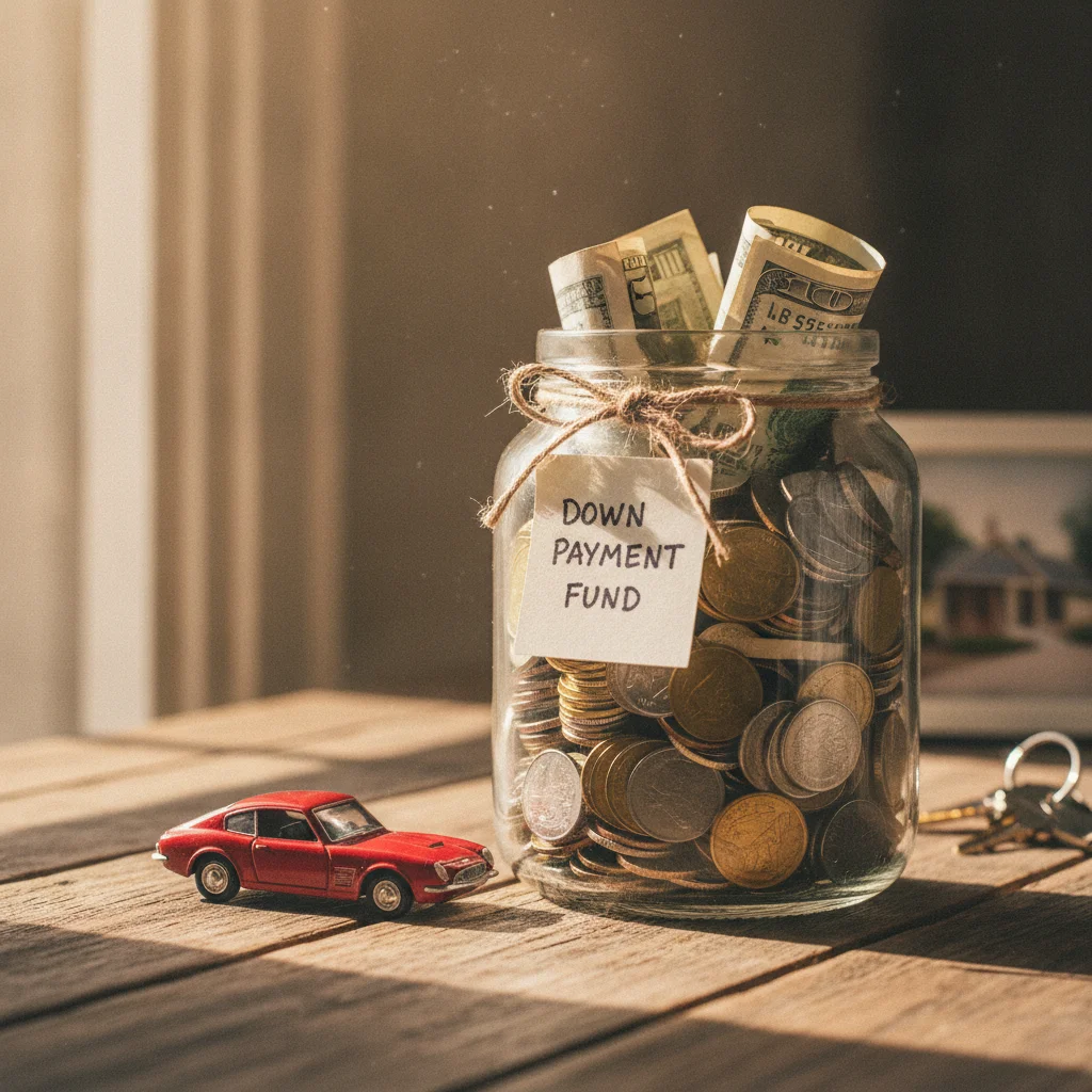 Glass jar with coins and cash beside a toy car representing saving for a car down payment