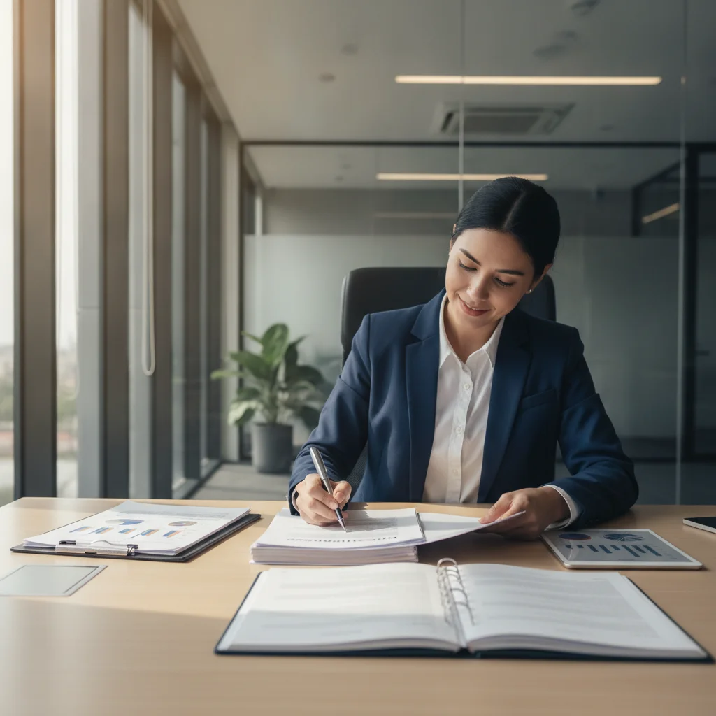 Person carefully reviewing and signing auto loan contract documents at a well-organized desk