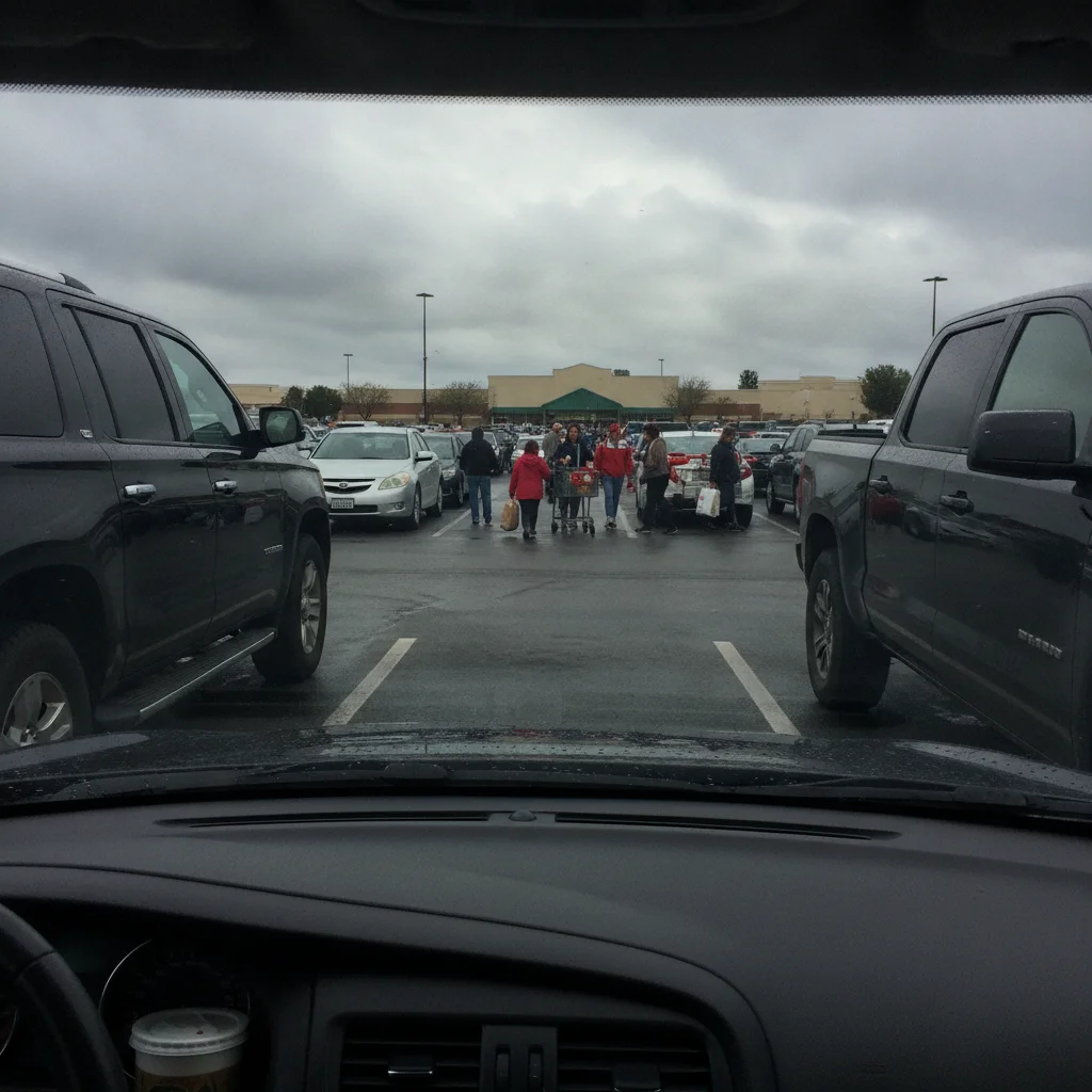 Blocked sightlines in a parking lot with large SUVs on both sides obscuring pedestrians