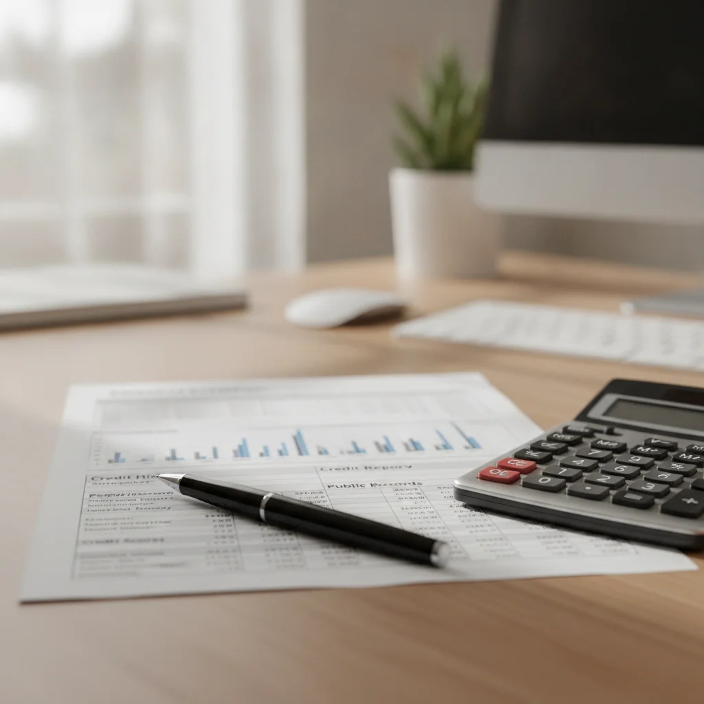Credit report document laid flat on desk next to a pen and calculator