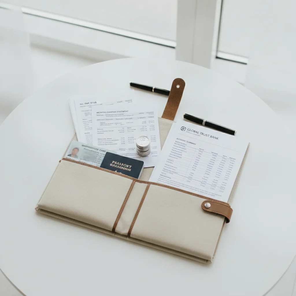 Organized financial documents including pay stubs, ID, and bank statement on a table