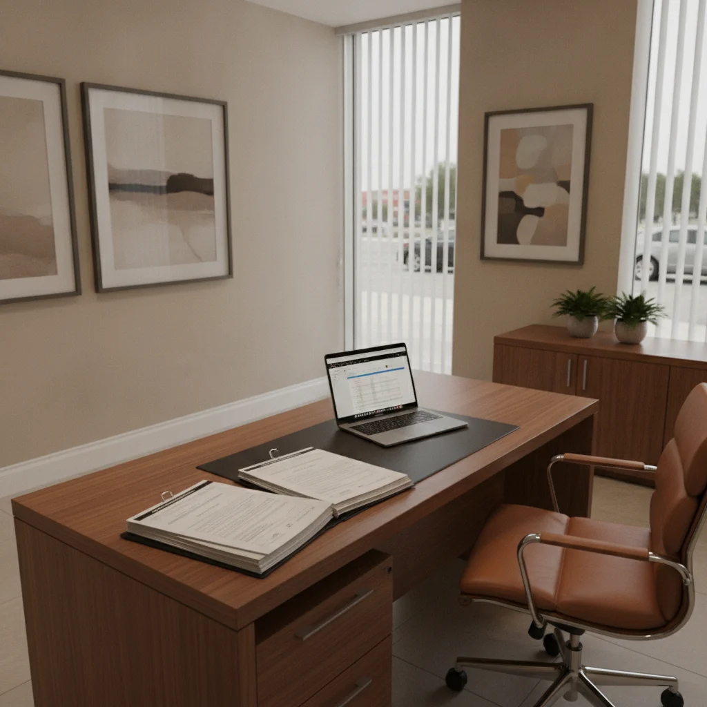 Empty car dealership finance and insurance office with desk and loan paperwork