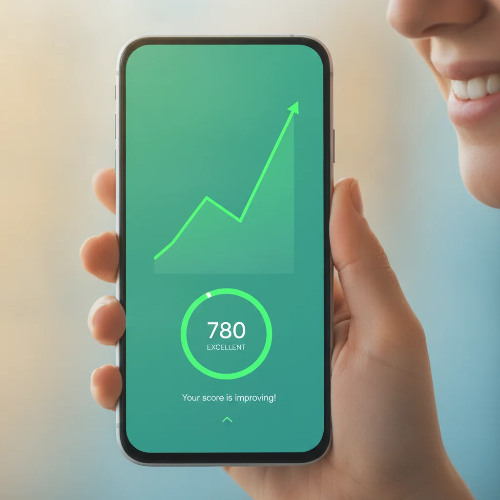 Smartphone showing credit score monitoring app with an improving upward trend graph