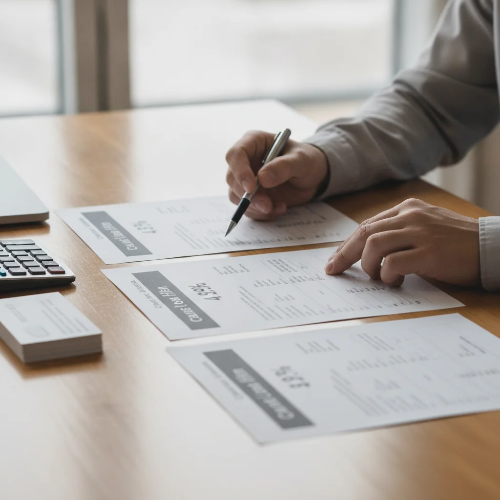 Car buyer reviewing multiple preapproval loan offer documents spread across a desk