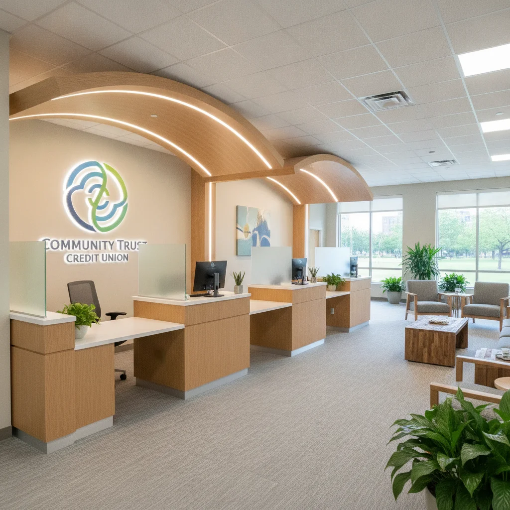 Interior of a modern credit union branch with empty service desks and warm ambient lighting