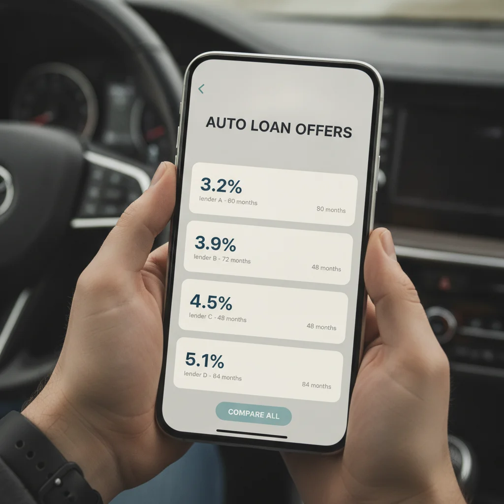 Smartphone displaying a loan comparison app showing multiple auto loan APR offers
