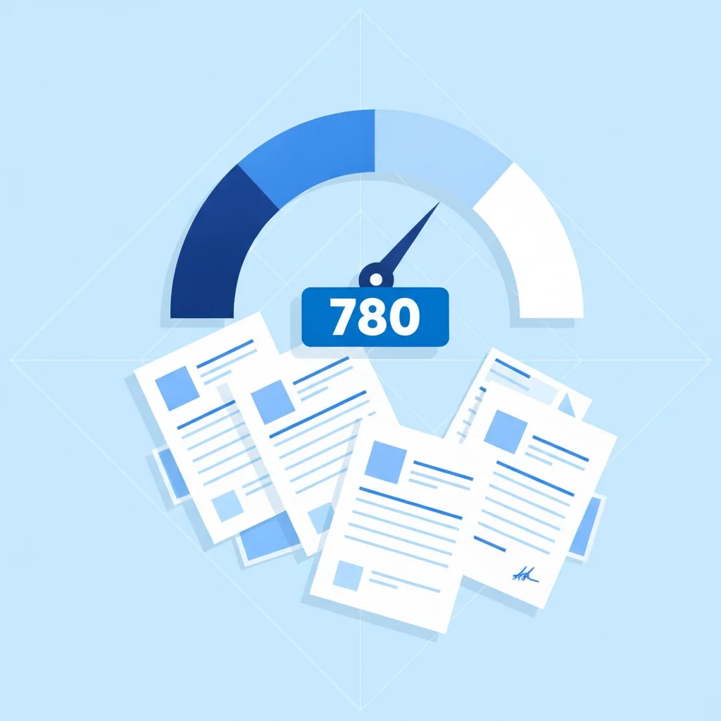 Credit score gauge overlaid on stacked loan application documents, illustrating lender evaluation criteria
