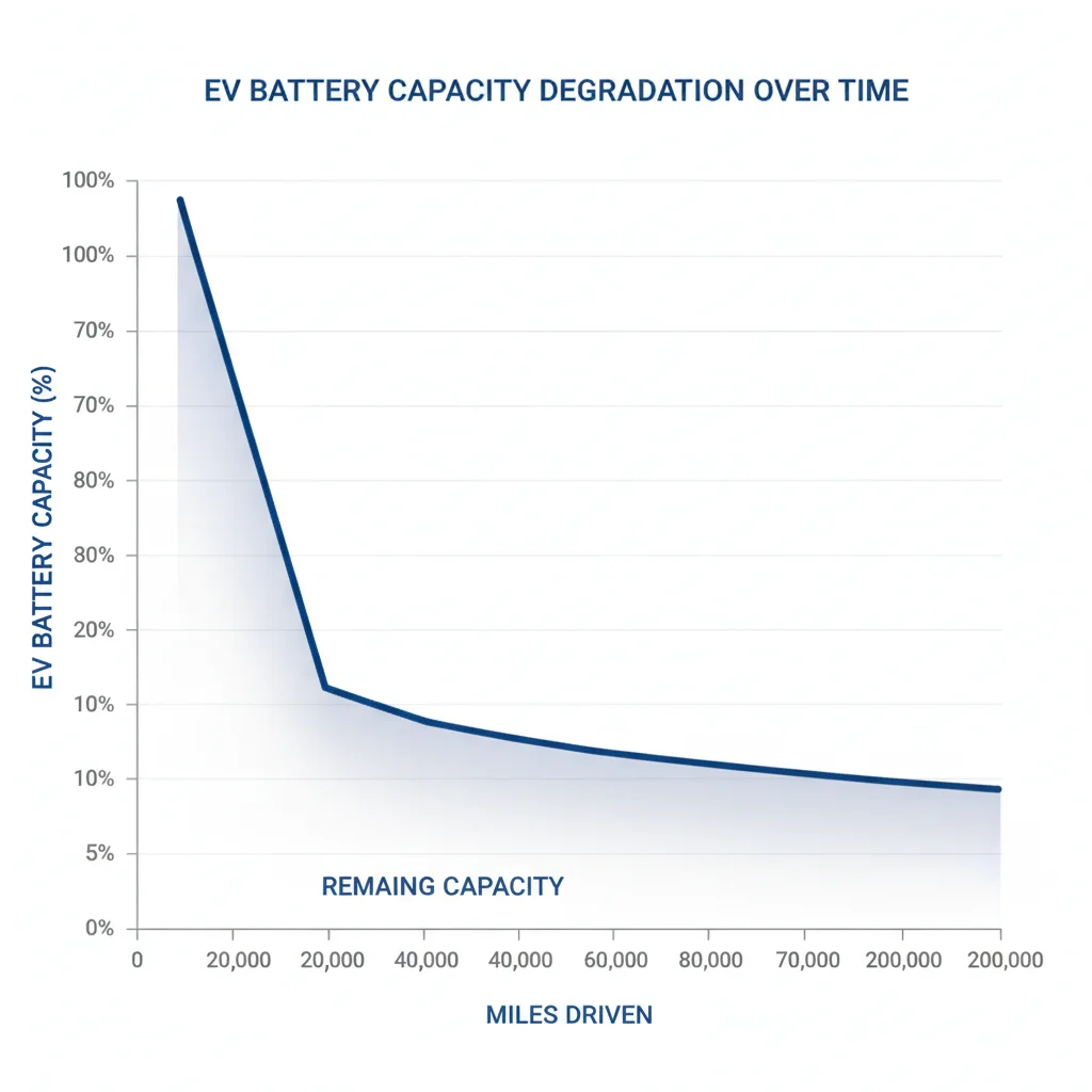 Graph showing EV battery capacity declining steeply at first then plateauing over 100,000 miles
