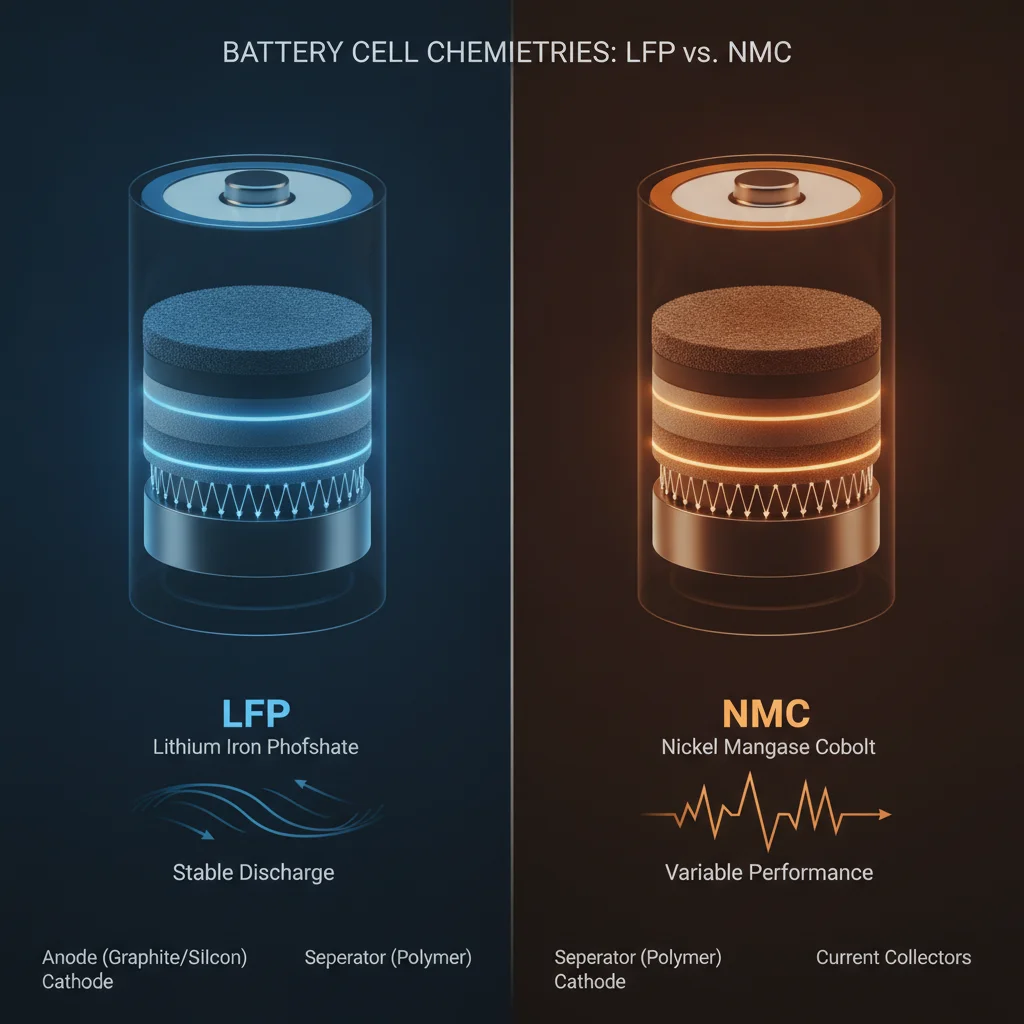 Illustration comparing LFP and NMC battery cell cross-sections highlighting their structural differences