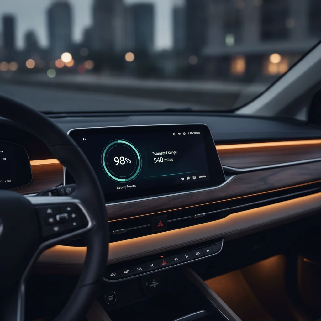 EV dashboard screen showing battery health percentage and remaining range estimate