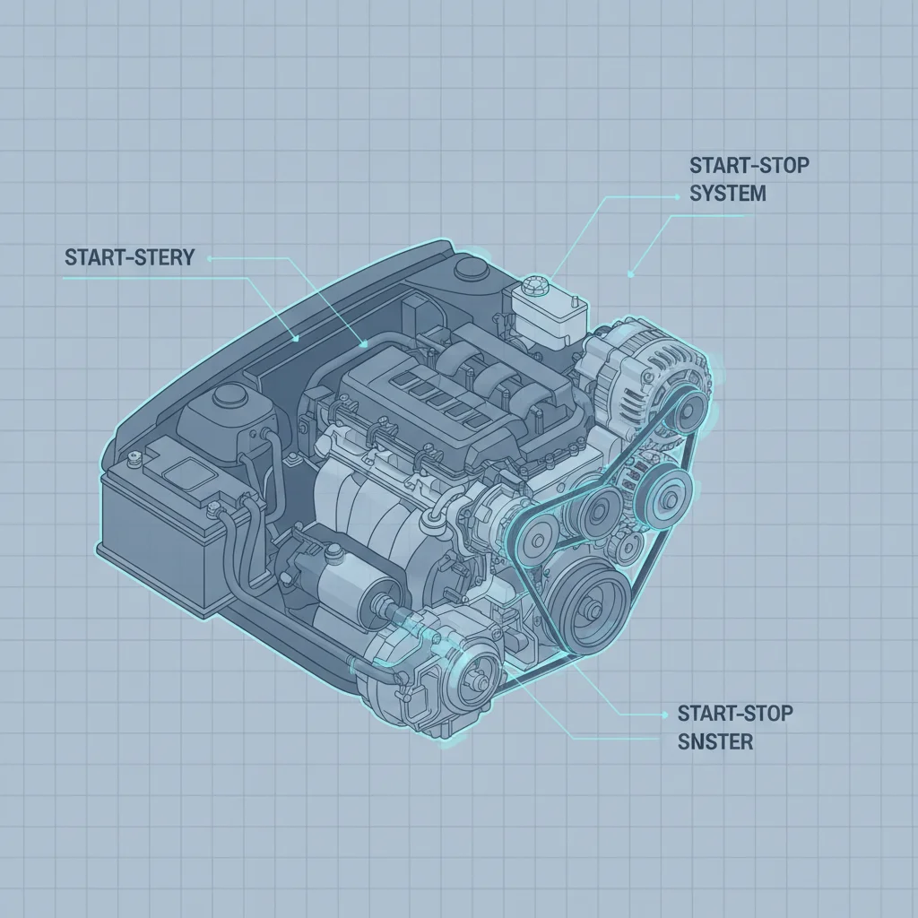 Illustration of a car engine bay highlighting the start-stop system battery, alternator, and starter motor connections